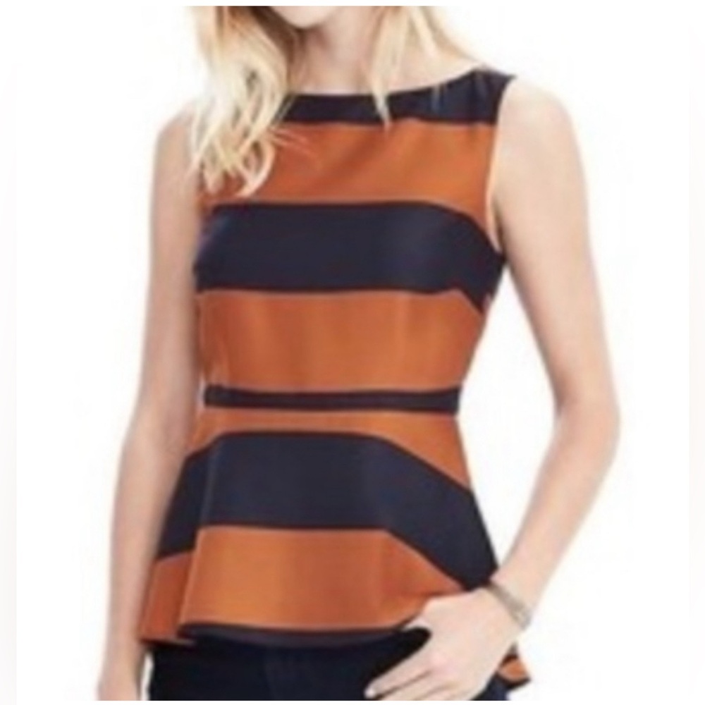 🧡 BANANA REPUBLIC Rust Orange and Navy Rugby Stripe Peplum Blouse.